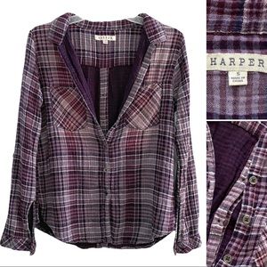Harper double gauze soft plaid flannel long sleeve top, royal purple
